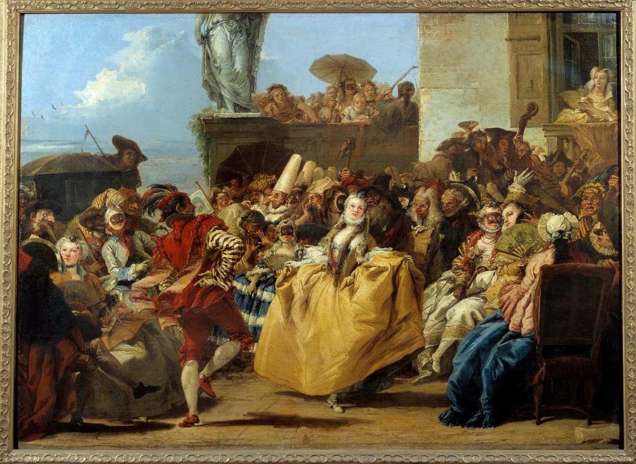 Karnevalsszene oder „Das Menuett“ Tanzszene mit Masken im 18. Jahrhundert. Gemälde von Gian Domenico Tiepolo (1727-1804) von Giovanni Domenico Tiepolo