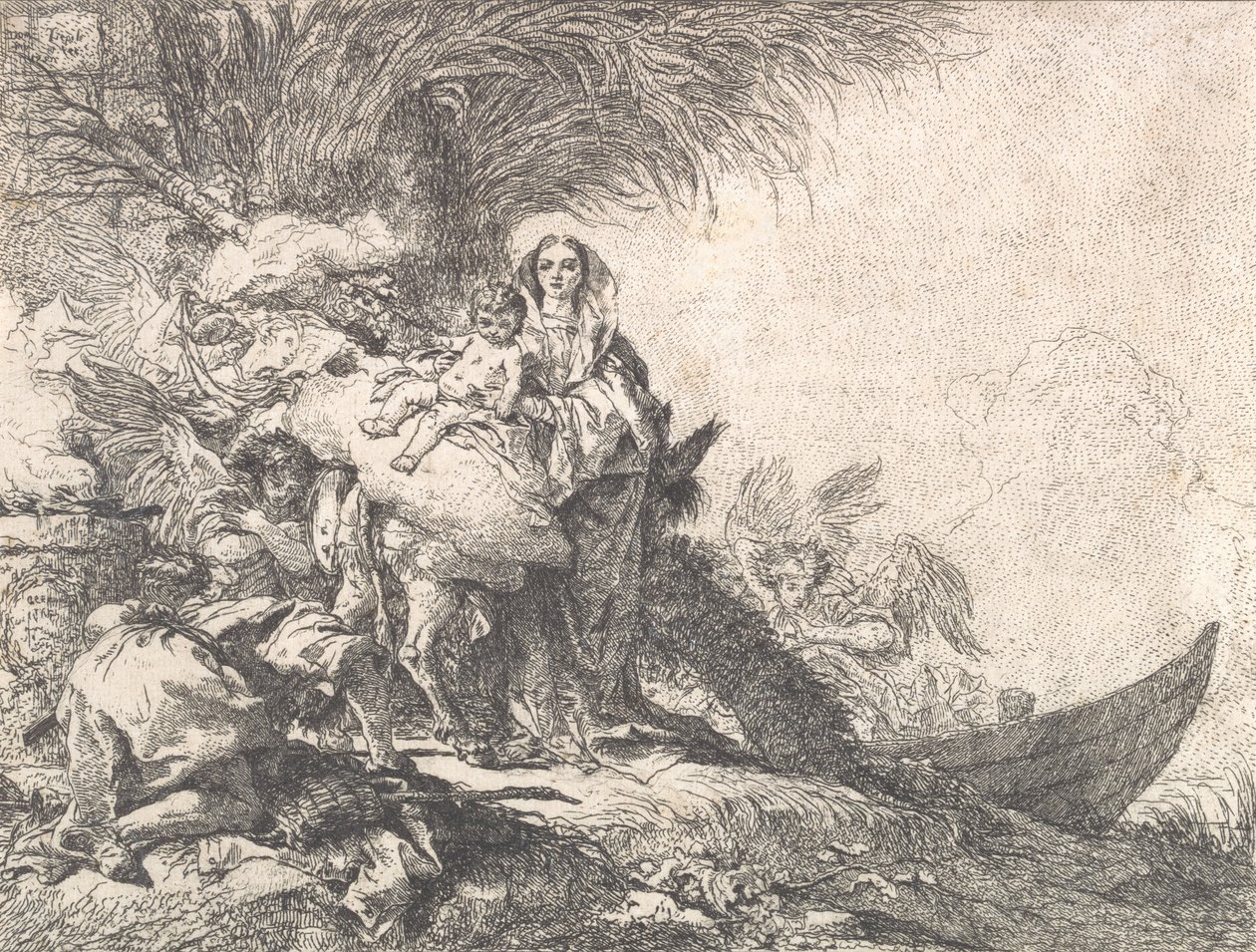 Joseph betet das Christkind an einem rauchenden Altar an, aus der Flucht nach Ägypten, 1752 von Giovanni Domenico Tiepolo