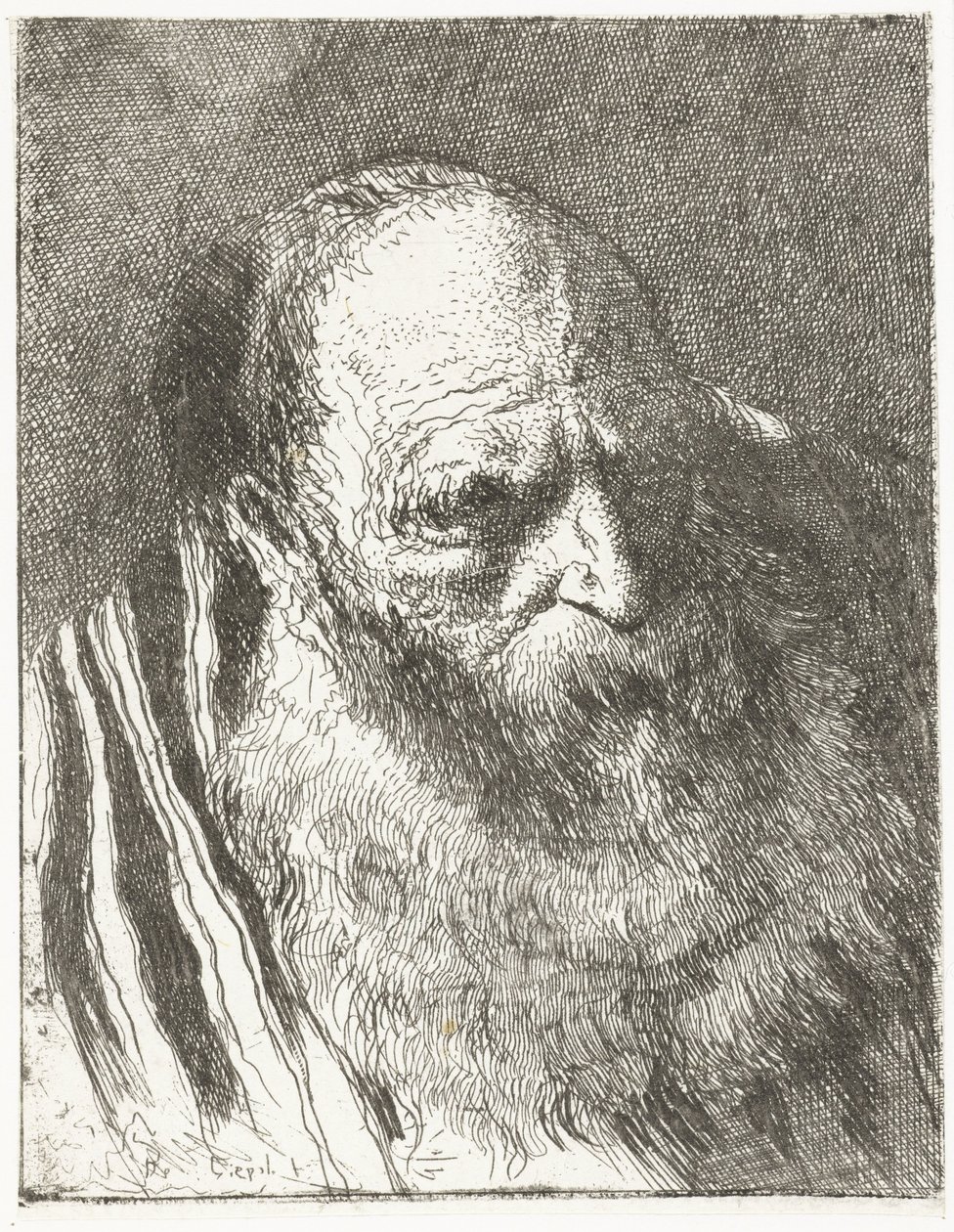 Mann mit Bart in gestreiftem Mantel (Sammlung von Köpfen) von Giovanni Domenico Tiepolo