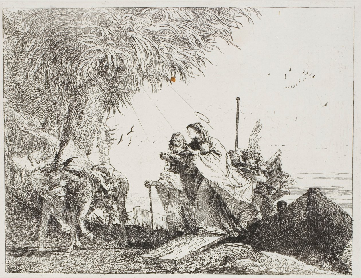 Maria, von Joseph und einem Engel unterstützt, steigt aus dem Boot, Platte achtzehn aus Die Flucht nach Ägypten von Giovanni Domenico Tiepolo