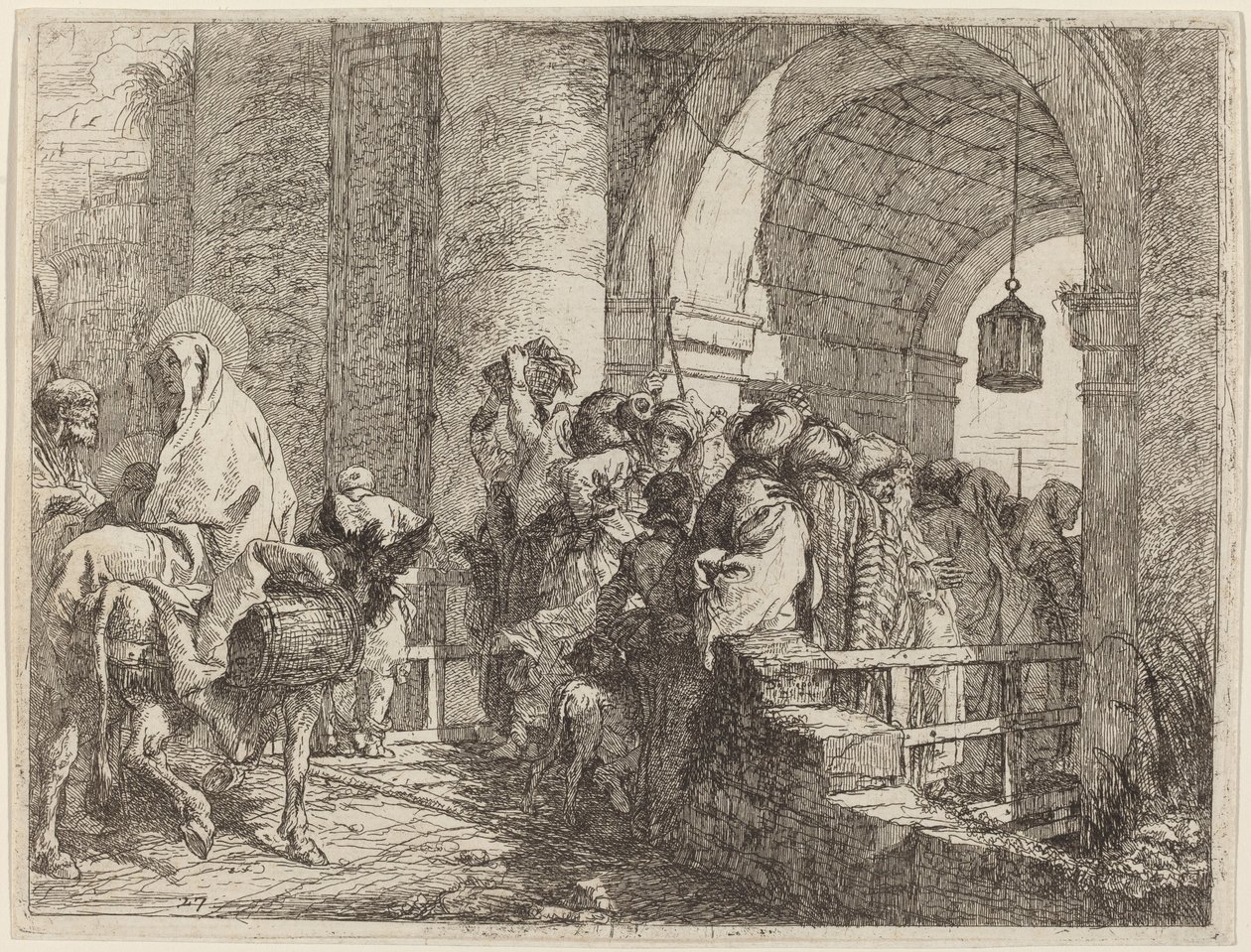 Die Heilige Familie erreicht ein Stadttor von Giovanni Domenico Tiepolo