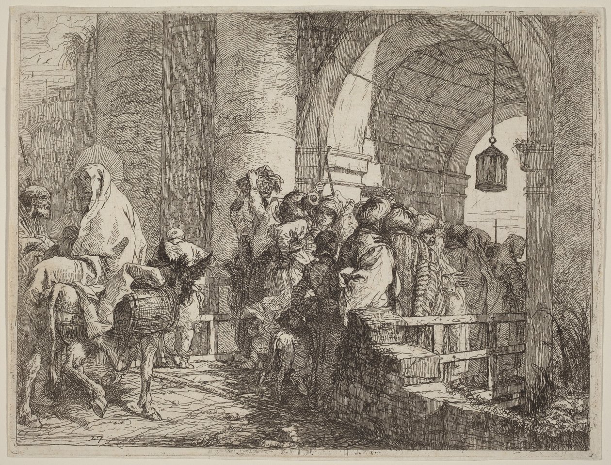 Die Heilige Familie erreicht ein Stadttor von Giovanni Domenico Tiepolo