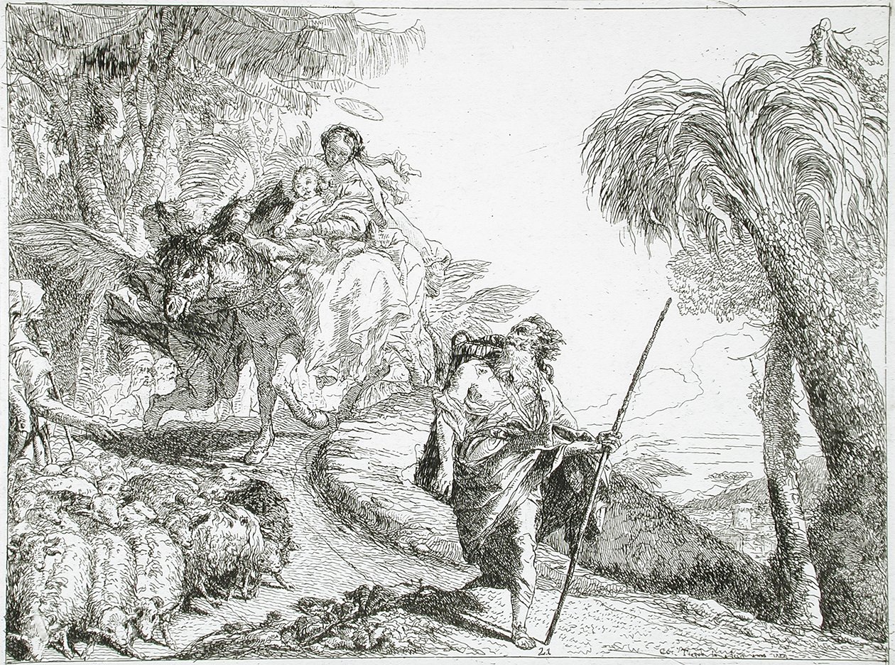 Die Heilige Familie steigt einen Waldweg hinab, nahe einer Herde und einigen Hirten von Giovanni Domenico Tiepolo