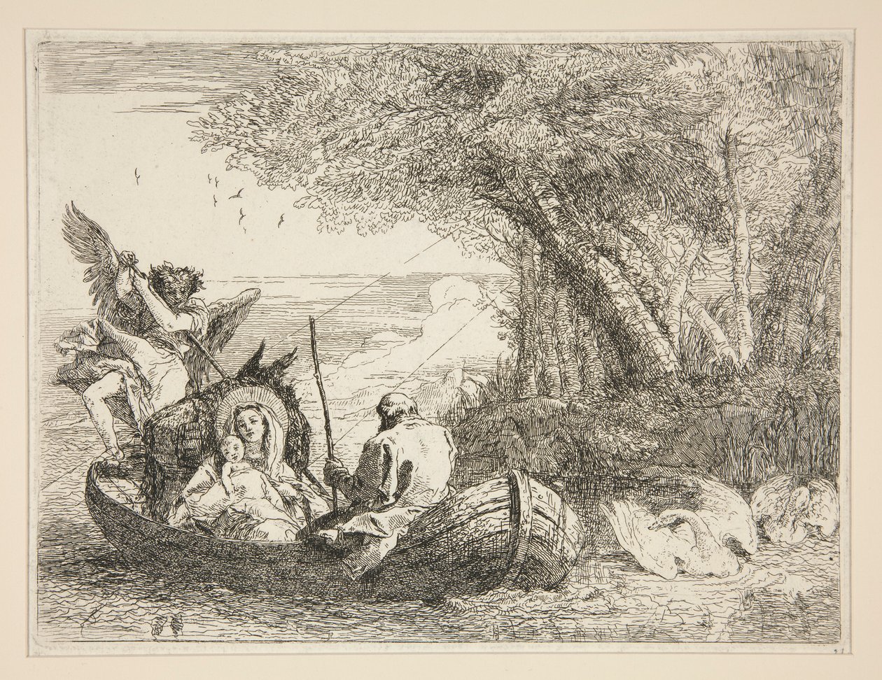Die Heilige Familie reist mit dem Boot, aus der Serie Malerische Ideen über die Flucht nach Ägypten von Giovanni Domenico Tiepolo