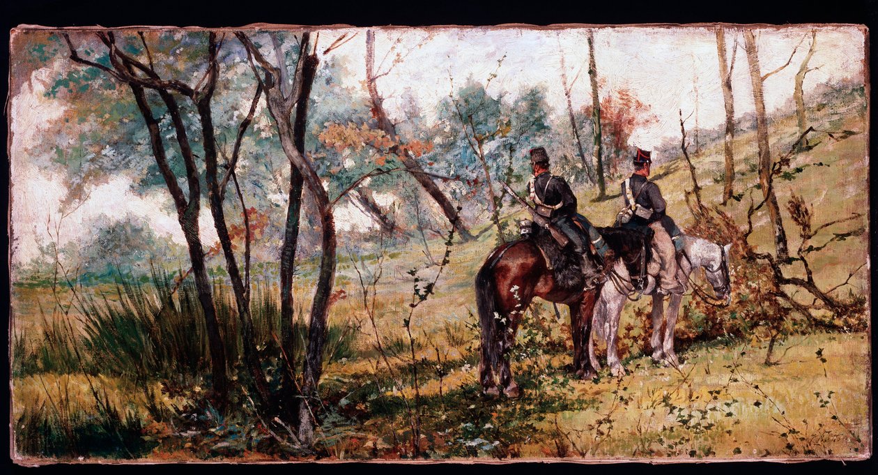 Zwei Soldaten reiten unter den Bäumen von Giovanni Fattori