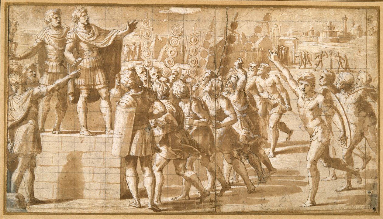 Der Kaiser Konstantin, der seine Truppen anspricht, erschreckt durch die Vision des Kreuzes am Himmel von Giovanni Francesco (c.1488 1528) Penni