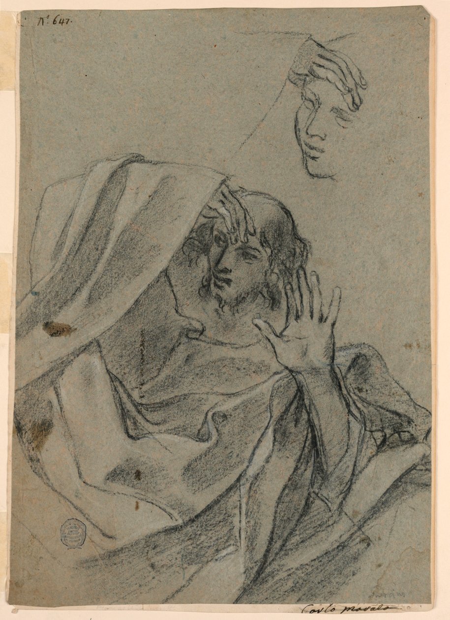 Zeichenstudien mit Frauengesicht und liegendem Mann, und rechte Hand mit Unterarm von Giovanni Francesco Barbieri