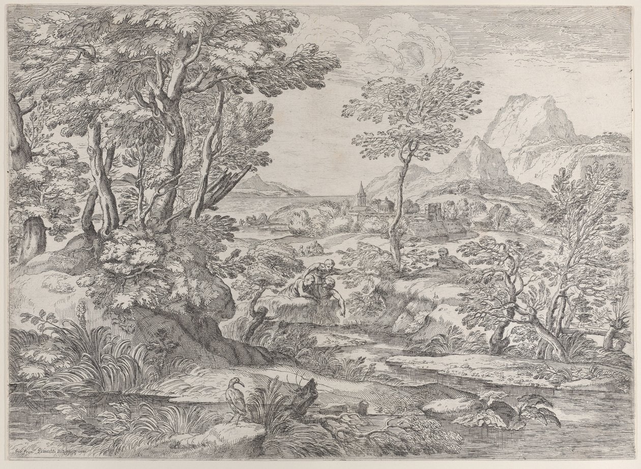 Drei Jungen in einer Landschaft mit einer Stadt im Hintergrund, 1626-80 von Giovanni Francesco Grimaldi