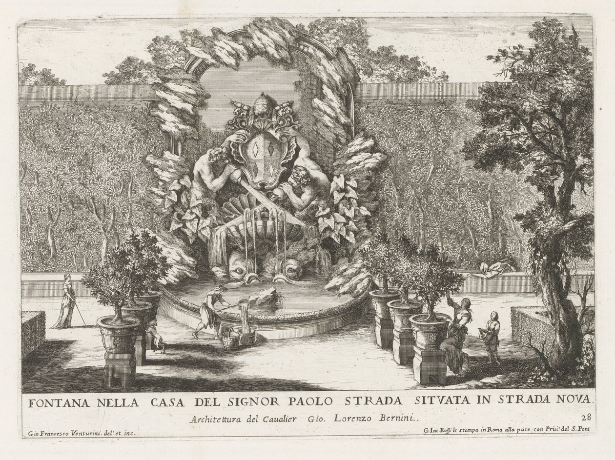 Brunnen mit einem päpstlichen Wappenschild, zwei Tritonen und Delfinen (Serie) von Giovanni Francesco Venturini