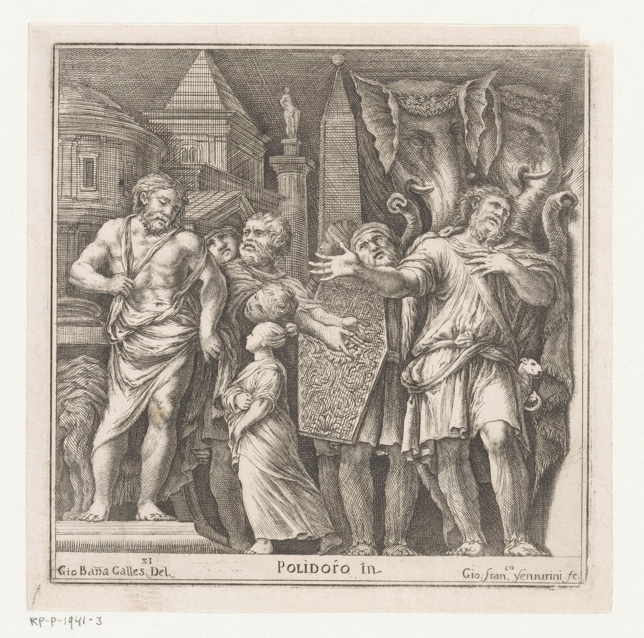 Gruppe von Figuren und zwei Elefanten in einer Stadt von Giovanni Francesco Venturini