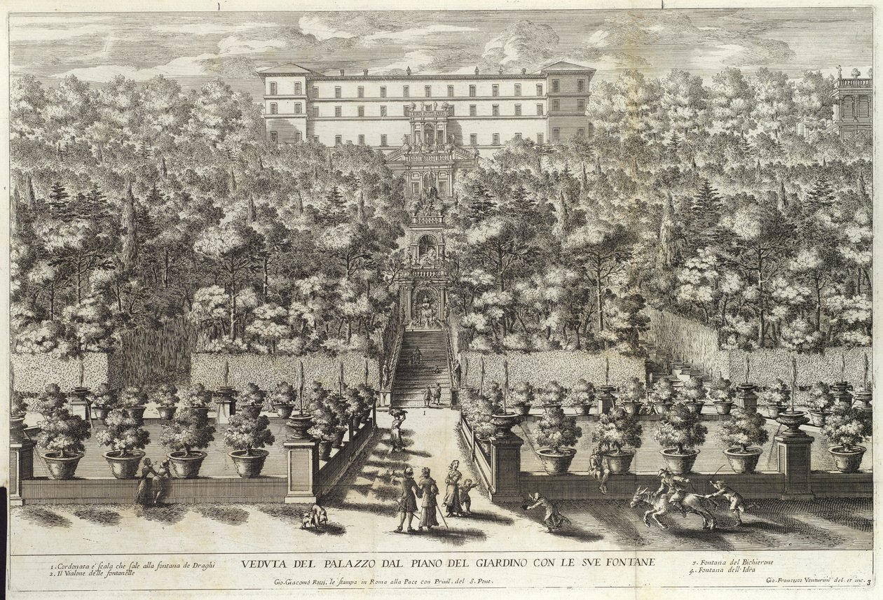 Veduta des Palastes vom Gartenebene mit seinen Brunnen, aus La Fontane, veröffentlicht ca. 1691 von Giovanni Francesco Venturini