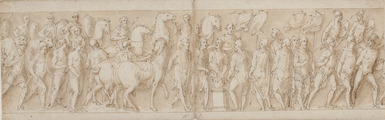 Gefangene Frauen werden weggeführt (Ende von LXXIII); Parade der Leibwache (LXXIV); Marcus Aurelius opfert an einem Altar (LXXV); Marcus Aurelius beobachtet einen Angriff (Beginn von LXXVI) von Giovanni Guerra