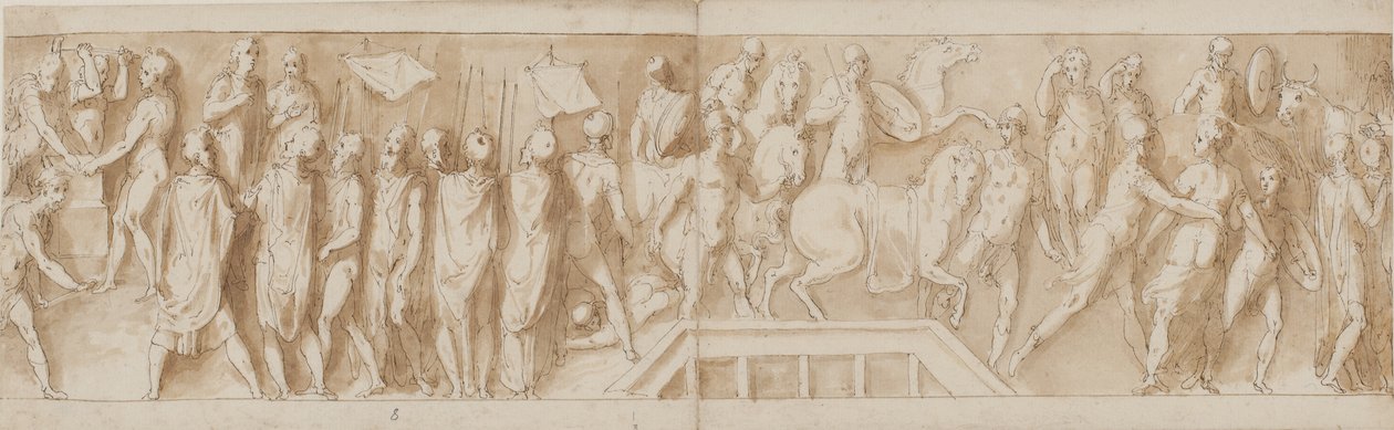 Römische Soldaten bauen ein Lager (Ende von LXXXII); eine Ansprache (LXXXIII); Römer überqueren einen Fluss auf einer Pontonbrücke (LXXXIV); Frauen werden gefangen genommen (Anfang von LXXXV) von Giovanni Guerra