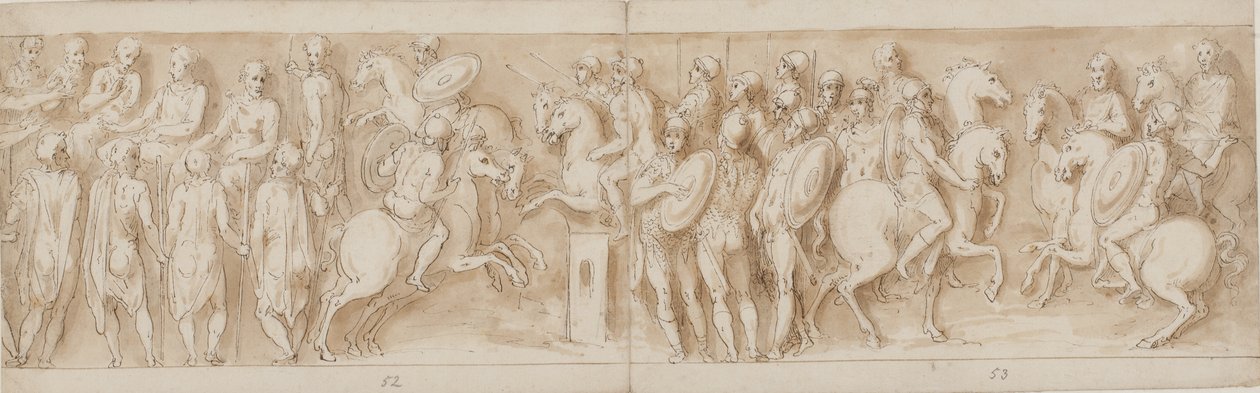 Sarmaten vor dem kaiserlichen Rat (Ende von LXII, Anfang von LXIII); umgeben von Wachen beobachten Marcus Aurelius und Pompeius zu Pferd ein Gefecht (XC); deutsche Adlige bringen eine Nachricht (bis zur Mitte von XCI) von Giovanni Guerra