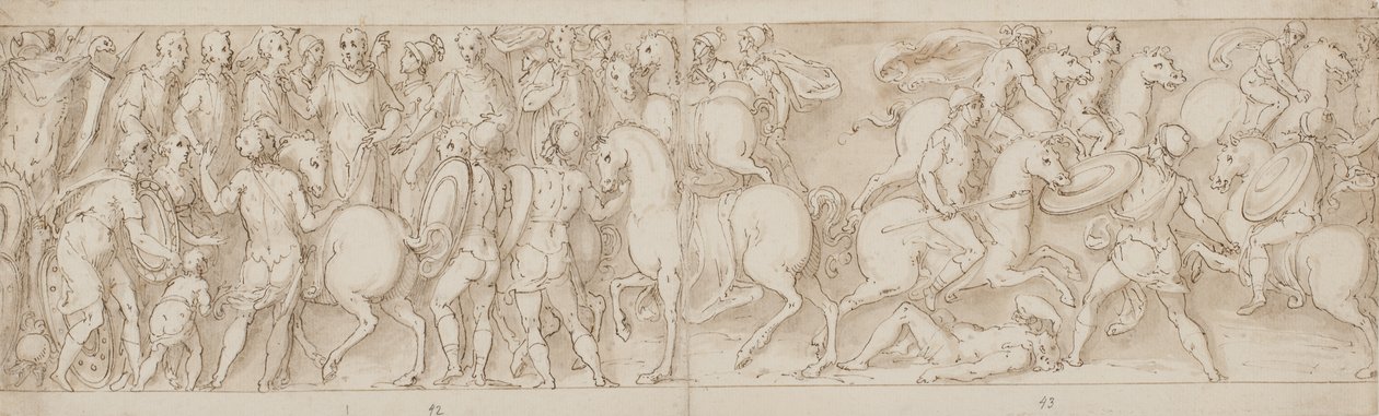 Die Sarmaten unterwerfen sich dem Kaiser (LVI); die Römer greifen Barbaren an (LII) von Giovanni Guerra