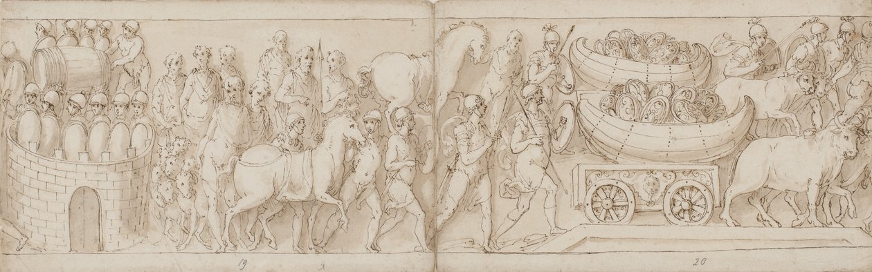 Die belagerten Römer erhalten Verstärkung von der anderen Seite (Ende von CIX, CX), die Römer marschieren mit dem Kaiser; Schilde in Booten werden auf Ochsenkarren über eine Brücke gezogen von Giovanni Guerra