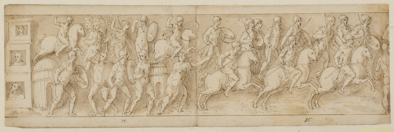 Drei Sänften (Ende von XLII); die Römer greifen die Behausung eines Häuptlings an (XLIII); die Römer marschieren zurück ins Lager (XLIV) von Giovanni Guerra