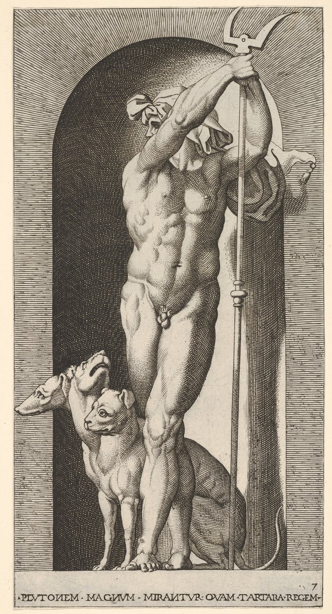 Tafel 7: Pluto in einer Nische, hält einen Zweizack, mit Cerberus neben ihm, aus einer Serie von m..., 1526 von Giovanni Jacopo Caraglio