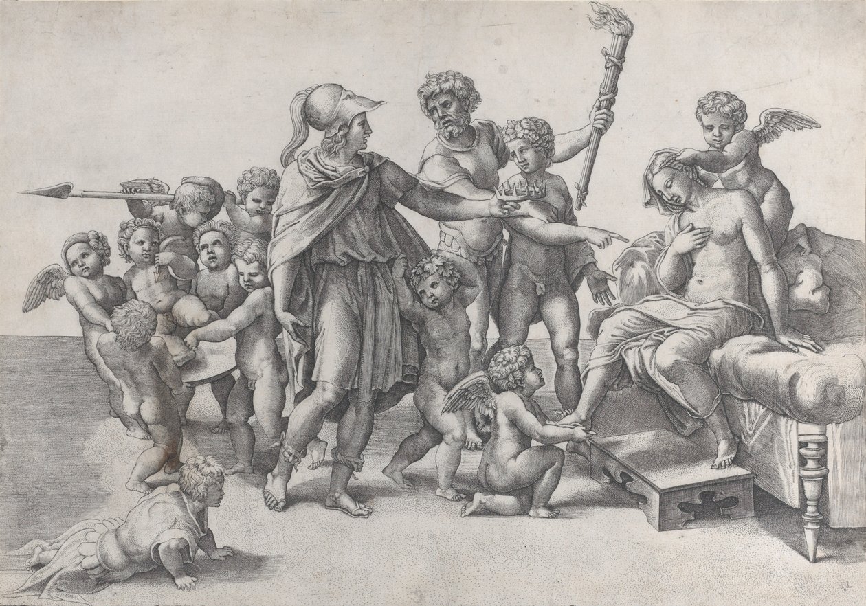 Die Hochzeit von Alexander und Roxana, Alexander umgeben von Putti, die eine Krone anbieten, 1520-39 von Giovanni Jacopo Caraglio