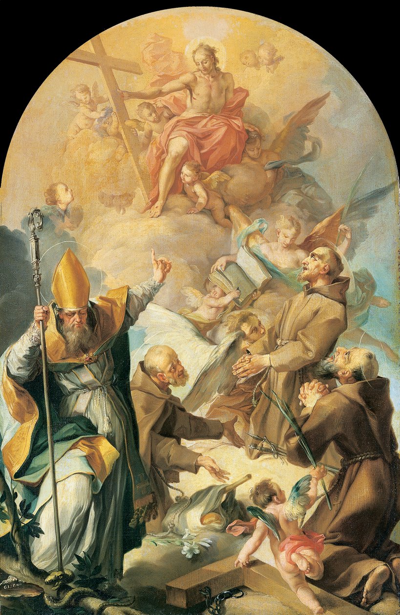 Drei Kapuzinerheilige und ein Bischof verehren Christus und das Kreuz von Giovanni Lanfranco