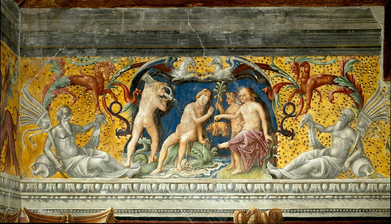 Eine Meeresgottheit wird ein kleines Wildschwein angeboten (Detail eines Frieses) von Giovanni Maria Falconetto
