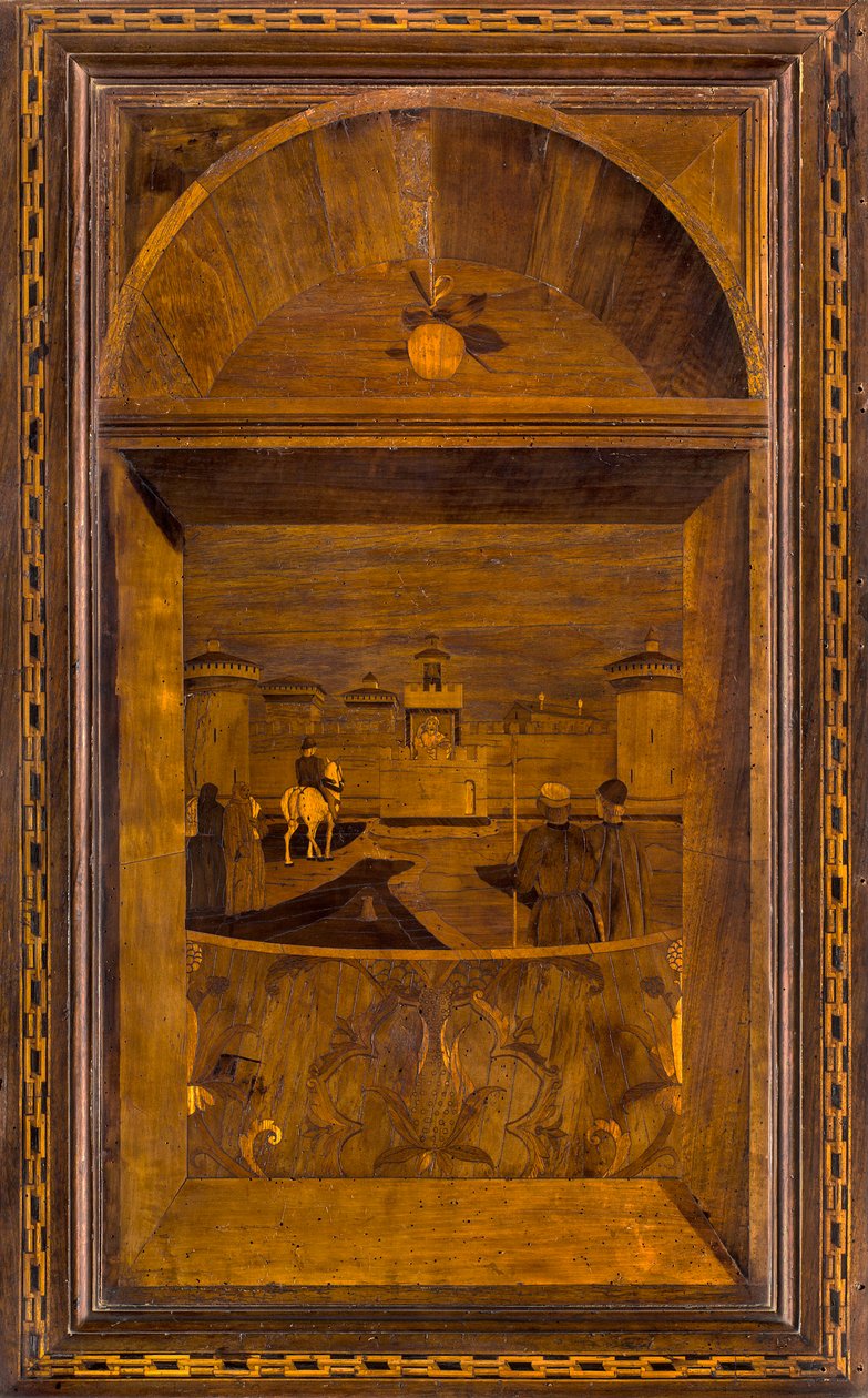 Kanonischer Chor aus Holz, Intarsien von Giovanni Maria Platina 1484, Oberer Stall, Blick auf das Castello Sforzesco in Mailand von Giovanni Maria Platina