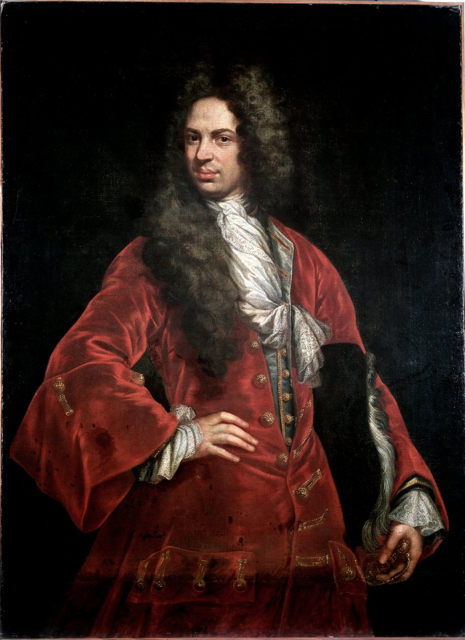 Porträt eines Gentlemans im roten Kostüm Gemälde von Giovanni Maria Delle Piane, genannt il Mulinaretto (1660-1745) Genua, Musei di Strada Nuova von Giovanni Maria delle called Mulinaretto Piane