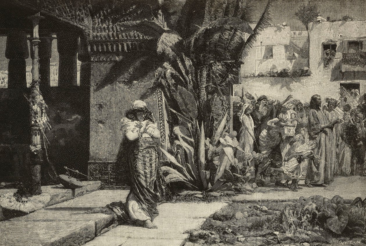 Magdalena, Frau mit Turban und Prozession in einem Dorf im Nahen Osten, Gravur von den Cantagalli-Brüdern nach einem Gemälde von Giovanni Muzzioli (1854-1894), Modena, Italien aus L