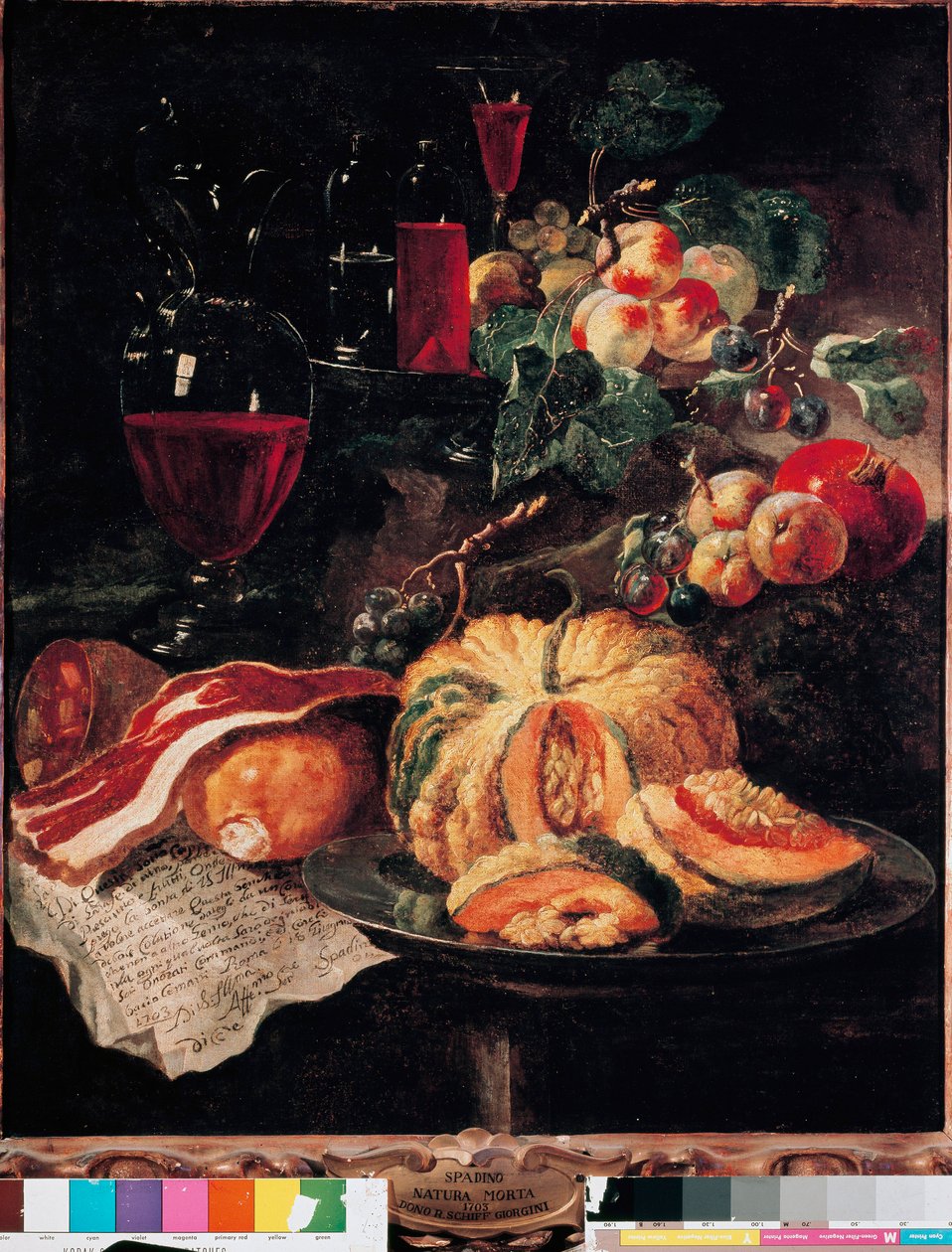 Stillleben mit Kürbis, Speck, Schinken, Pfirsichen und Wein. Gemälde von Giovan Paolo Castelli genannt Lo Spadino (1659-1730) 1703 Rom, Museum der Konservatoren von Giovanni Paolo Castelli