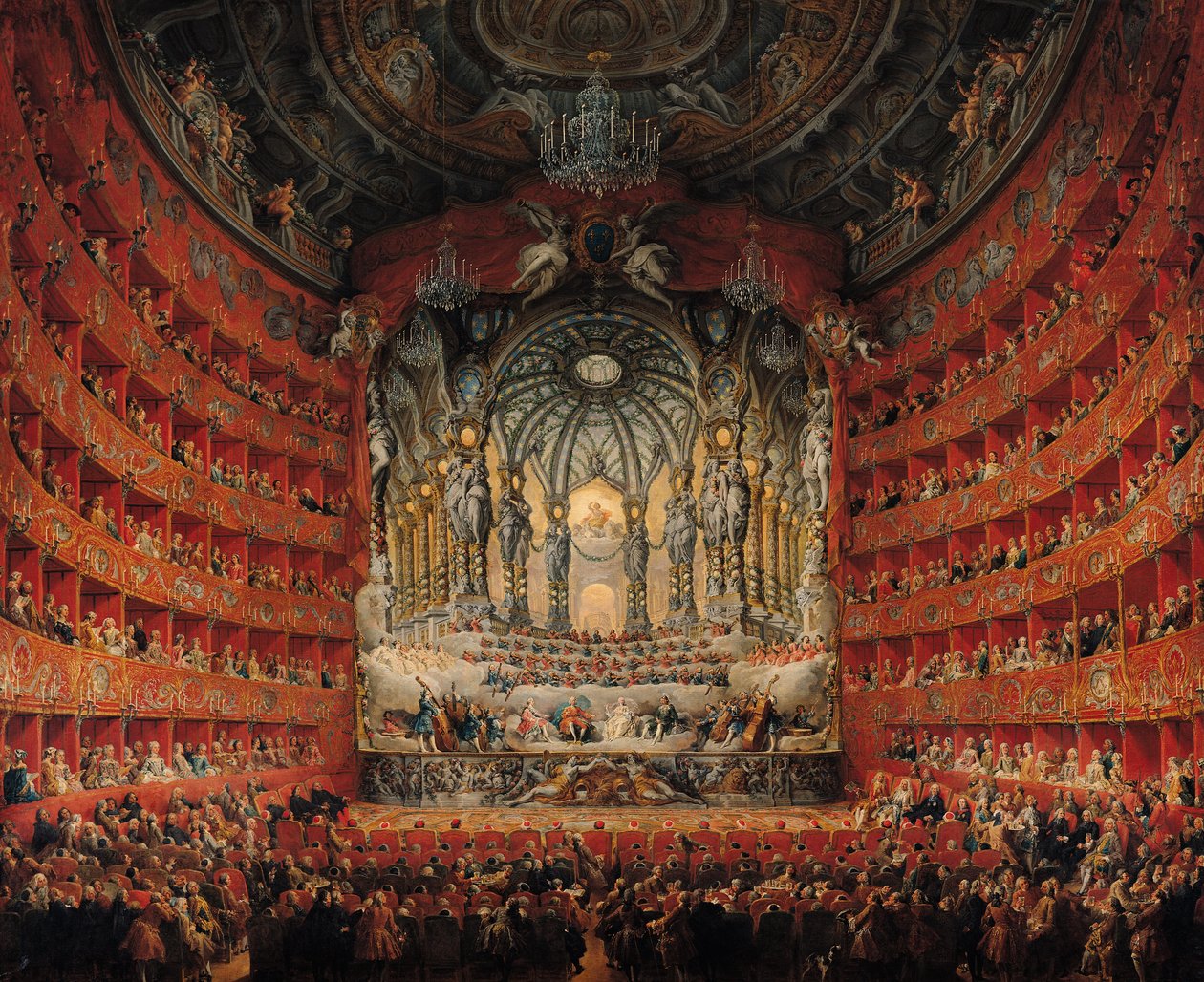 Konzert von Kardinal de La Rochefoucauld im Argentina-Theater in Rom, zur Hochzeit von Louis dem Dauphin, Sohn von Louis XV, mit Marie-Josephe von Sachsen, 1747 von Giovanni Paolo Pannini