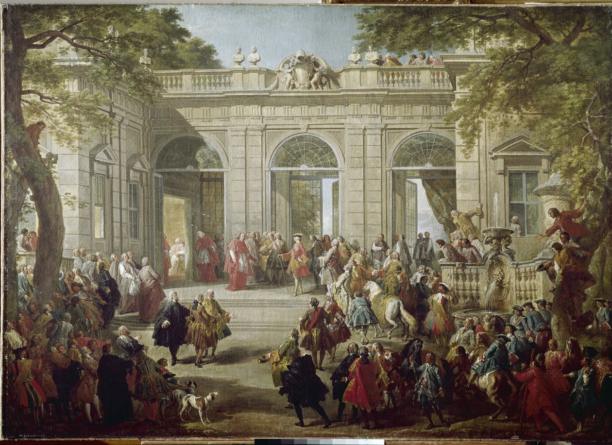 Karl III. von Spanien oder Karl von Bourbon, König von Neapel (Carlo Borbone) (1716-1788) besucht Papst Benedetto XIV im Kaffeehaus des Quirinalspalastes von Giovanni Paolo Pannini