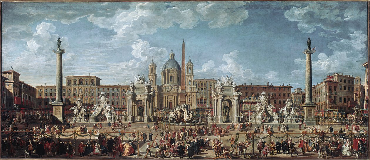 Vorbereitungen für das Feuerwerk und die Dekorationen des Festes in Rom zur Feier der Geburt von Louis de France von Giovanni Paolo Pannini