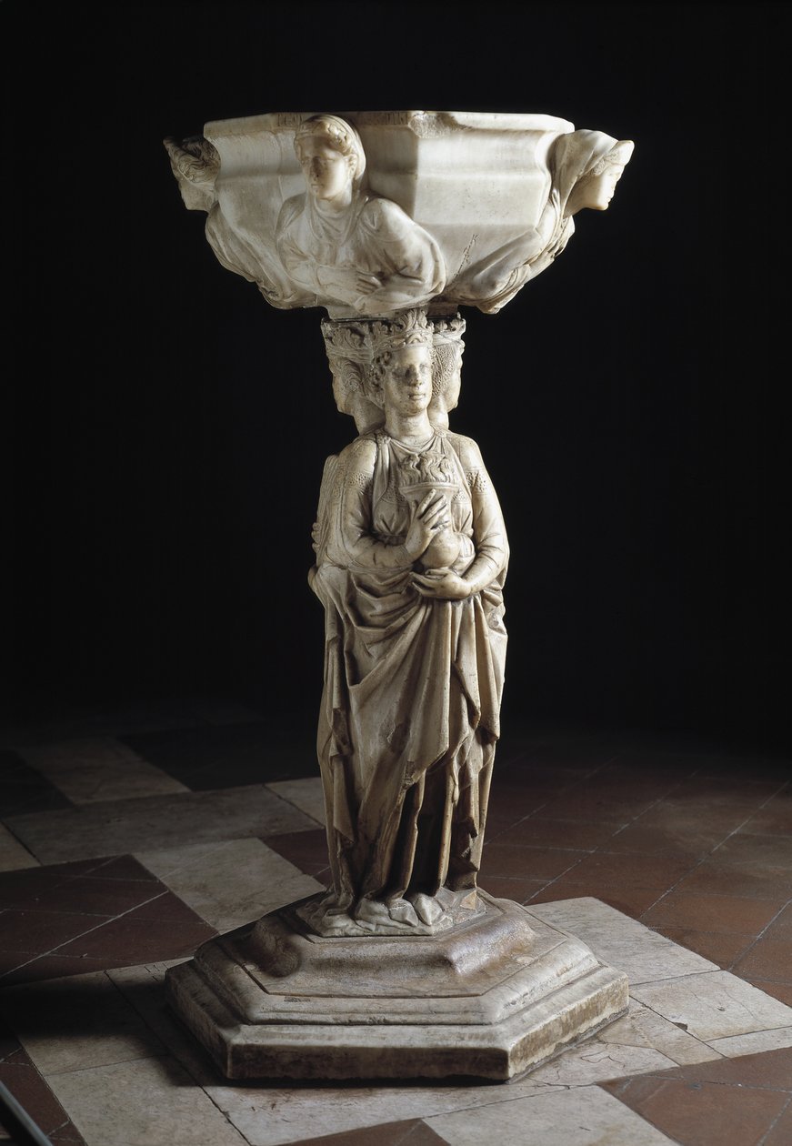 Weihwasserbecken am Pfeiler mit den drei theologischen Tugenden und der Schale mit den Büsten der vier Kardinaltugenden, 13. Jahrhundert (Skulptur) von Giovanni Pisano