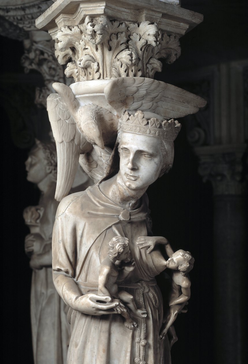 Detail der skulptierten Gruppen, die den Stuhl von Giovanni Pisano (1248-1314) stützen: Die Kirche nährt ihre Kinder (Detail) 1302-1311 Kathedrale von Pisa (Duomo di Pisa), Italien von Giovanni Pisano
