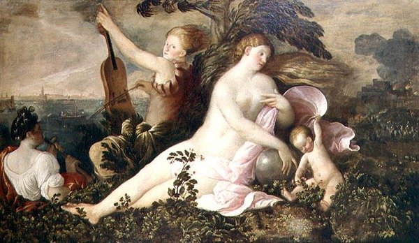 Allegorie eines venezianischen Sieges, die zentrale Figur von Fortuna oder Chance begleitet von Figuren, die Natur und Musik symbolisieren, ca. 1518 von Giovanni de Busi Cariani