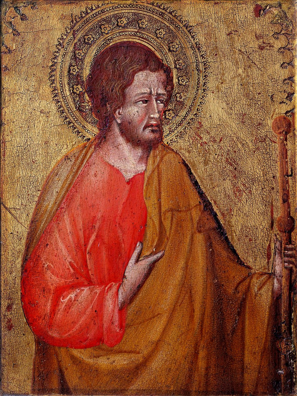 Darstellung des Heiligen Jakobus des Pilgers. Dies ist der Heilige Jakobus der Ältere oder der Heilige Jakobus, Sohn des Zebedäus. Gemälde von Giovanni di Paolo (1395/1400-1482) 15. Jahrhundert. Assisi, Museo del Tesoro della Basilica di San Francesco e Co von Giovanni di Paolo