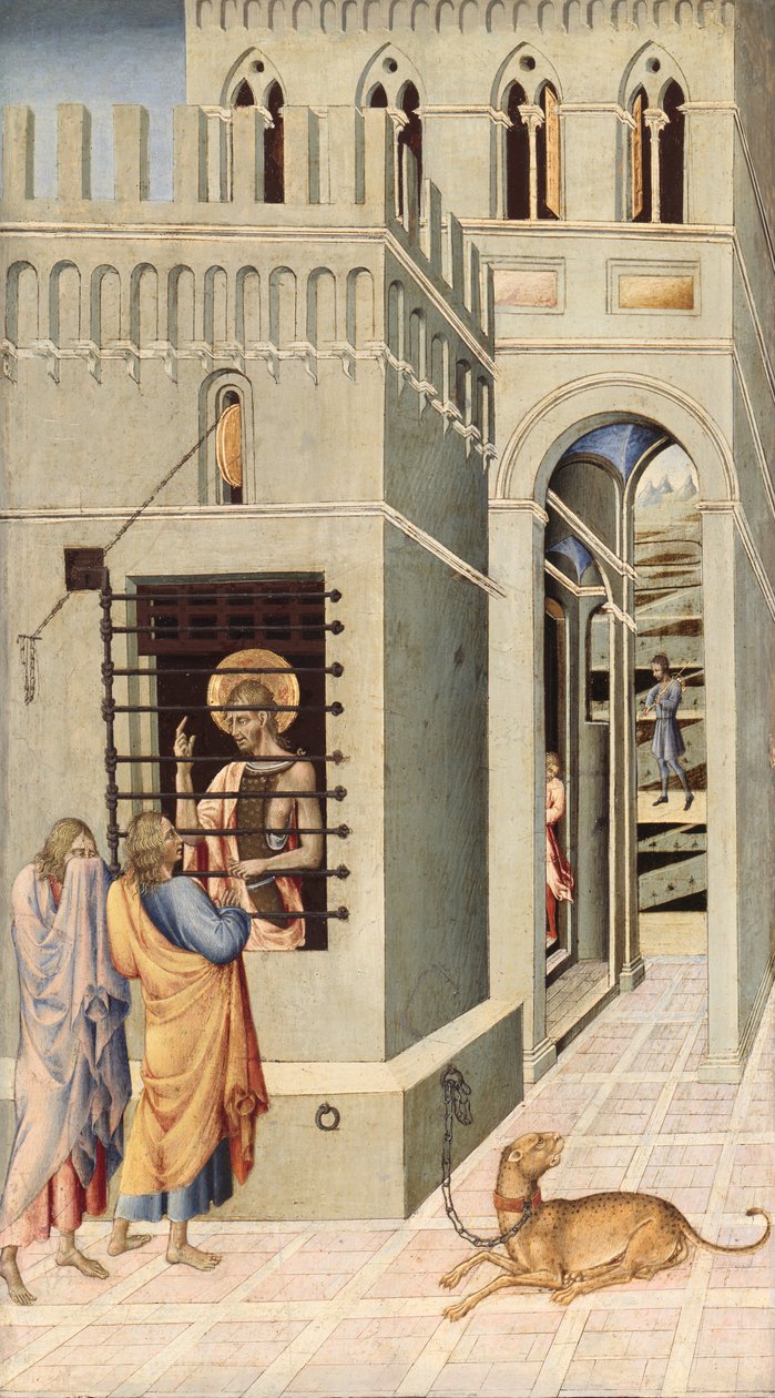 Johannes der Täufer im Gefängnis von zwei Jüngern besucht, 1455-60 von Giovanni di Paolo