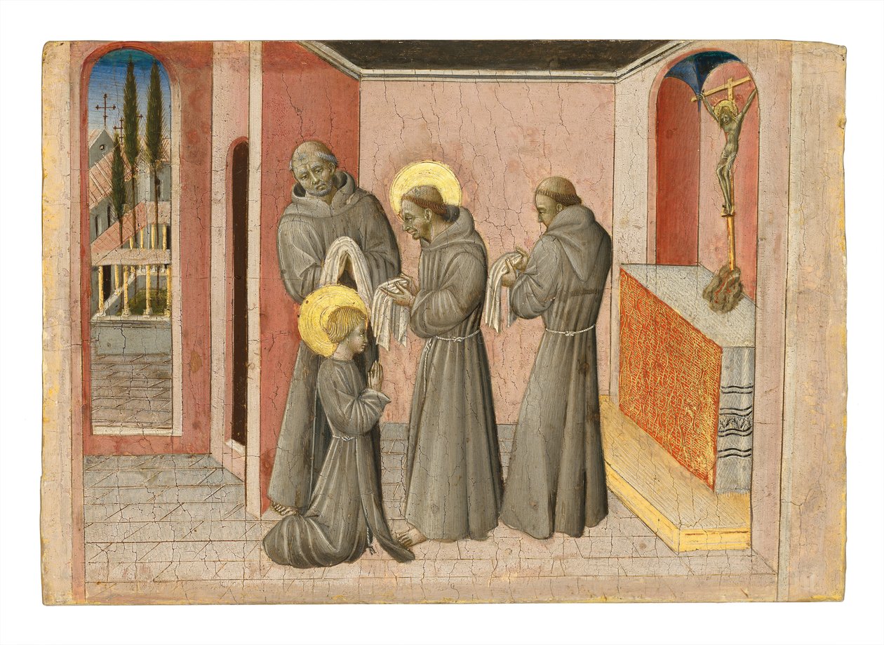 Die Investitur der Heiligen Klara: die Heilige erhält die Kleider ihres Ordens von Franz von Assisi, ca. 1389-1482 von Giovanni di Paolo