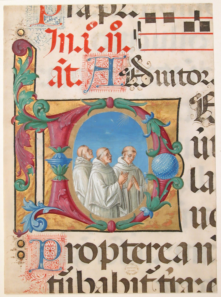 Manuskript-Illumination mit singenden Mönchen in einem Initial D, aus einem Psalter, 1501-2 von Girolamo dai Libri