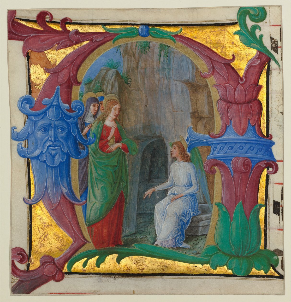 Manuskript-Illumination mit den heiligen Frauen am Grab in einem Initial A..., ca. 1490-1500 von Girolamo dai Libri
