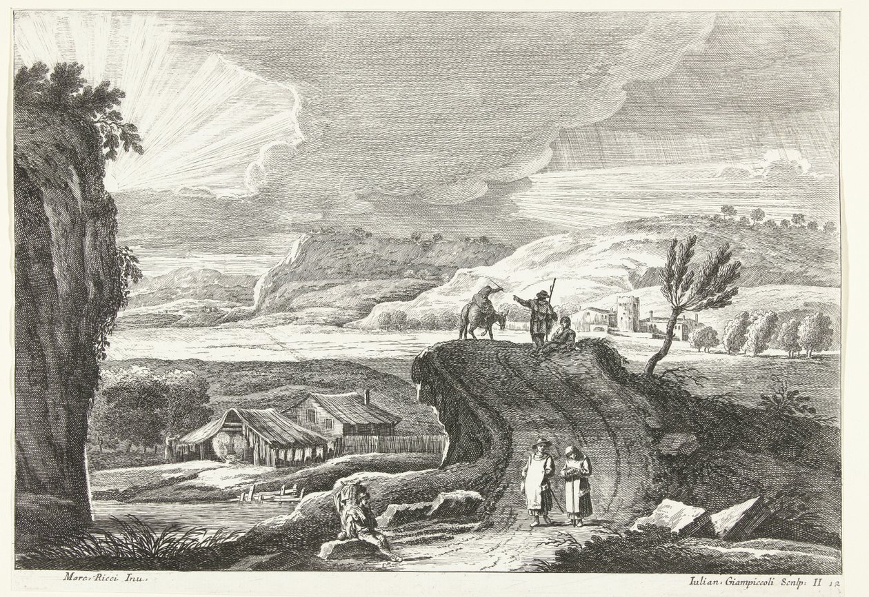 Hügellandschaft mit Pilgern auf dem Weg und Sonnenuntergang. Italienische Landschaften (Serie) von Giuliano Giampiccoli