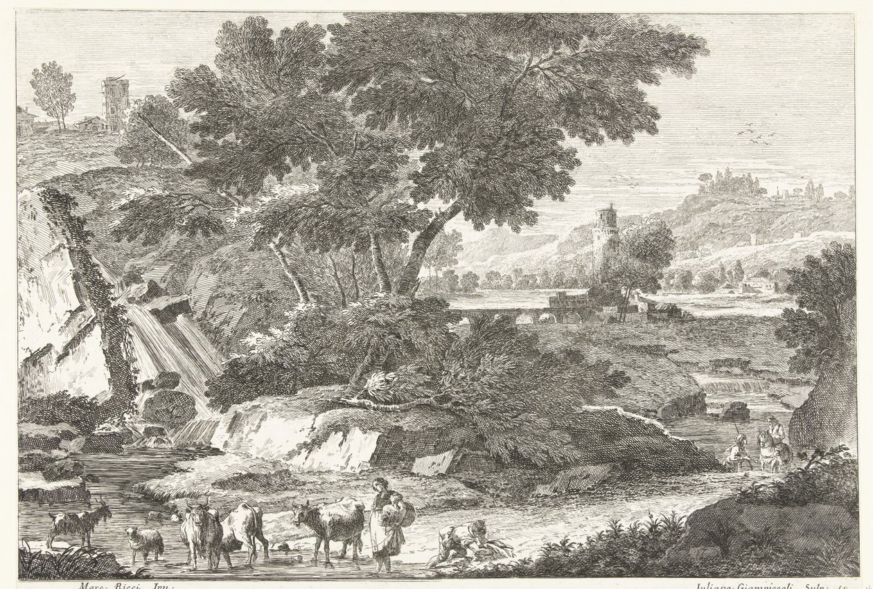 Landschaft mit Hirten und Vieh bei einem Wasserfall von Giuliano Giampiccoli