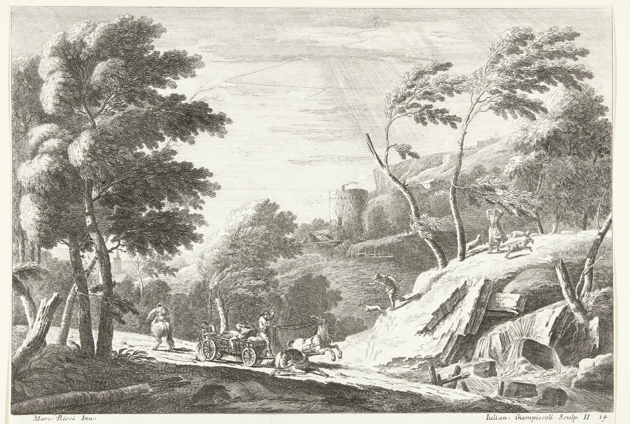 Landschaft mit Gewitter und erschrockenen Tieren bei einem kleinen Wasserfall von Giuliano Giampiccoli