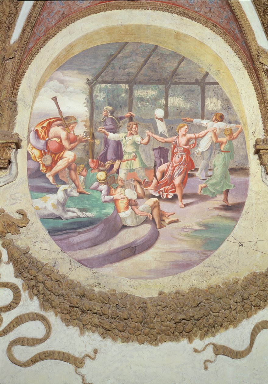 Szene, die zeigt, dass diejenigen, die unter dem Zeichen des Widders in Verbindung mit dem Sternbild des Ziegenbocks geboren sind, eine Neigung zum Spielen der Zampogna und zu amourösen Leidenschaften haben von Giulio Romano