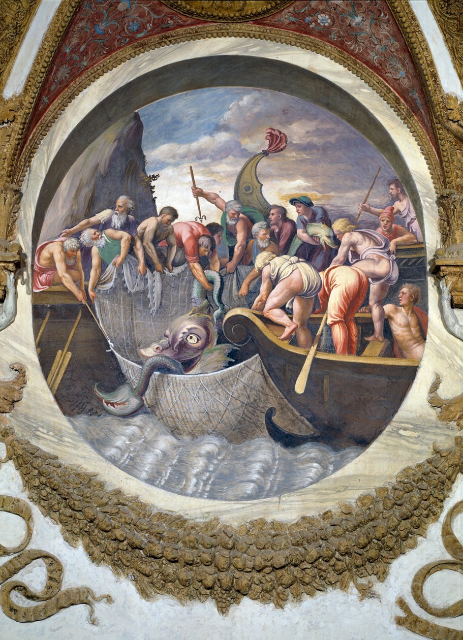 Szene, die zeigt, dass diejenigen, die unter dem Zeichen der Fische in Verbindung mit dem Sternbild Belua geboren sind, geschickt im Fischen sind, symbolisiert durch den Fang eines Seeungeheuers, aus der Camera dei Venti, 1528 von Giulio Romano