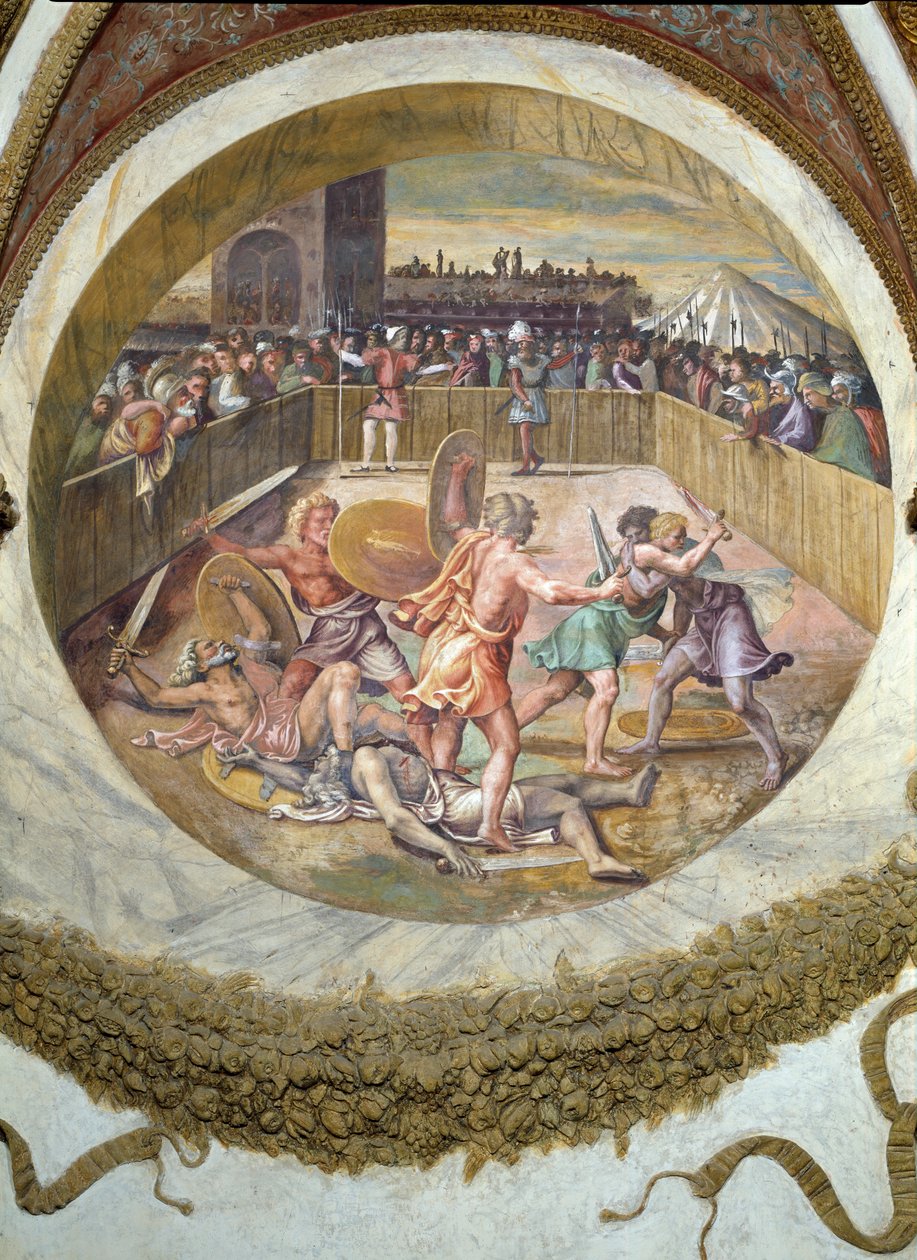 Szene, die zeigt, dass diejenigen, die unter dem Zeichen des Stiers in Verbindung mit dem Sternbild der Plejaden geboren sind, eine Neigung zum Kämpfen haben, symbolisiert durch einen Gladiatorenkampf von Giulio Romano