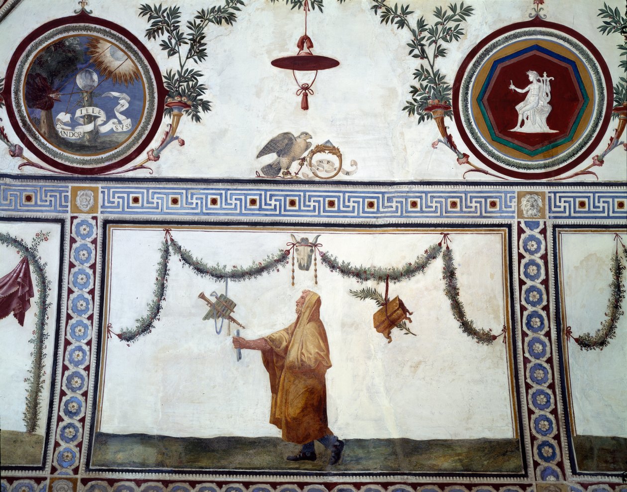Die Camera con Fregio di Amorini (Detail der Decke mit einem Mann und Insignien der Medici-Familie) von Giulio Romano