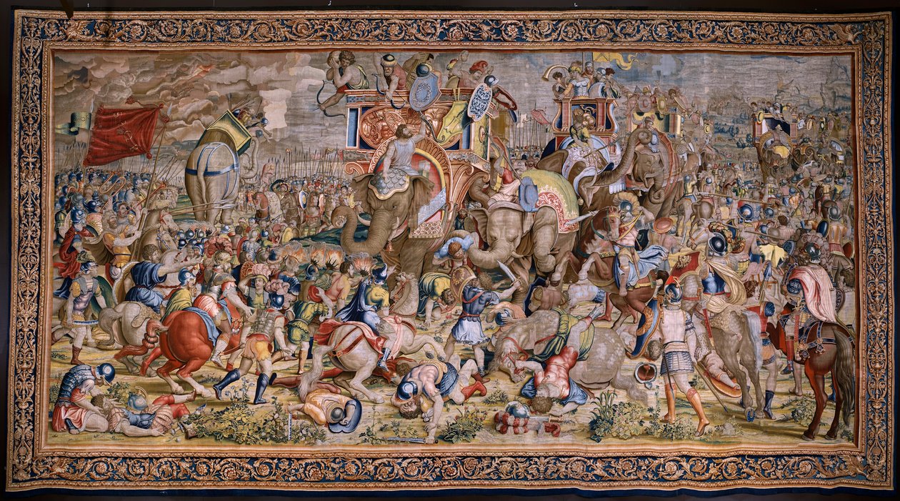Flämischer Wandteppich. Serie Die Taten des Scipio: Die Schlacht bei Zama. Zeichner Giulio Romano. Atelier von Balthasar van Vlierden (?), Brüssel. 1523-1532 von Giulio (after) Romano