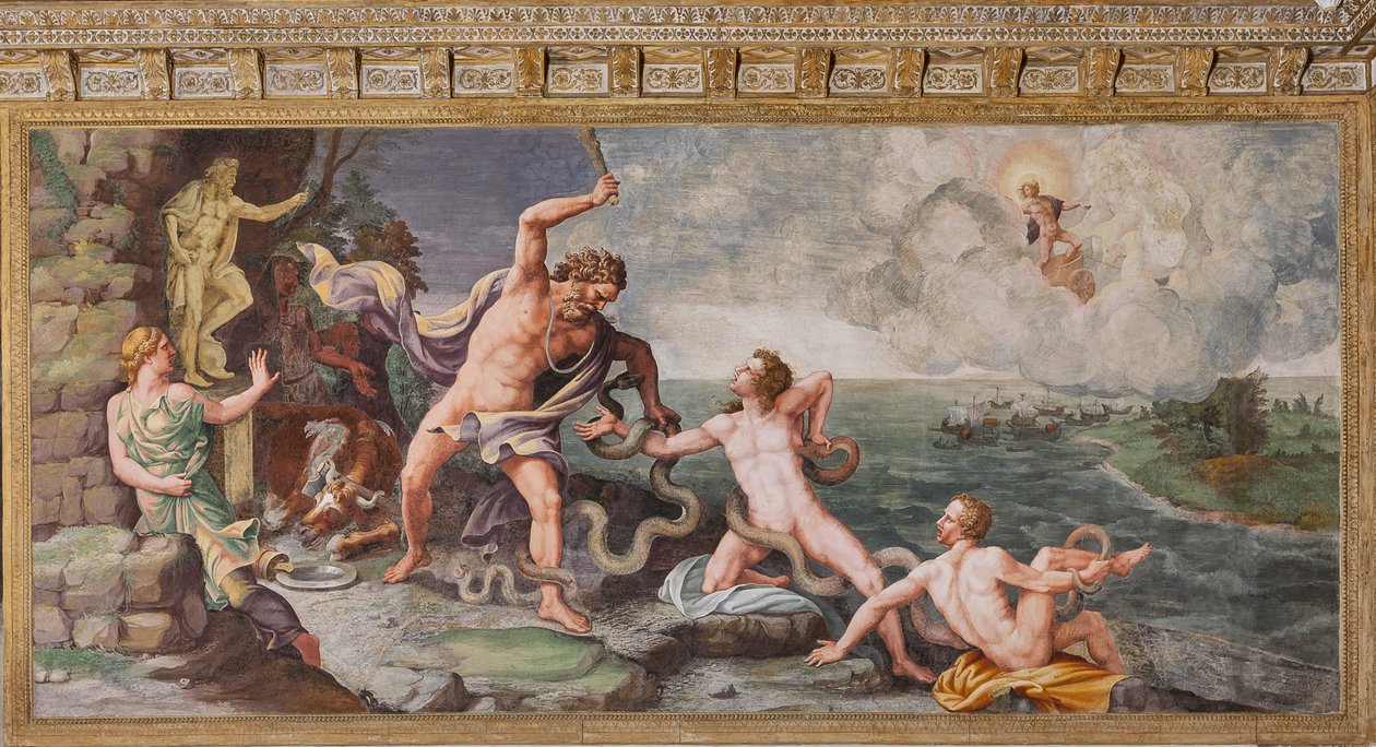 Laokoon und seine Söhne werden von Schlangen angegriffen, Das Trojanische Pferd, Kammer von Troja (Sala di Troia) von Giulio (and workshop) Romano