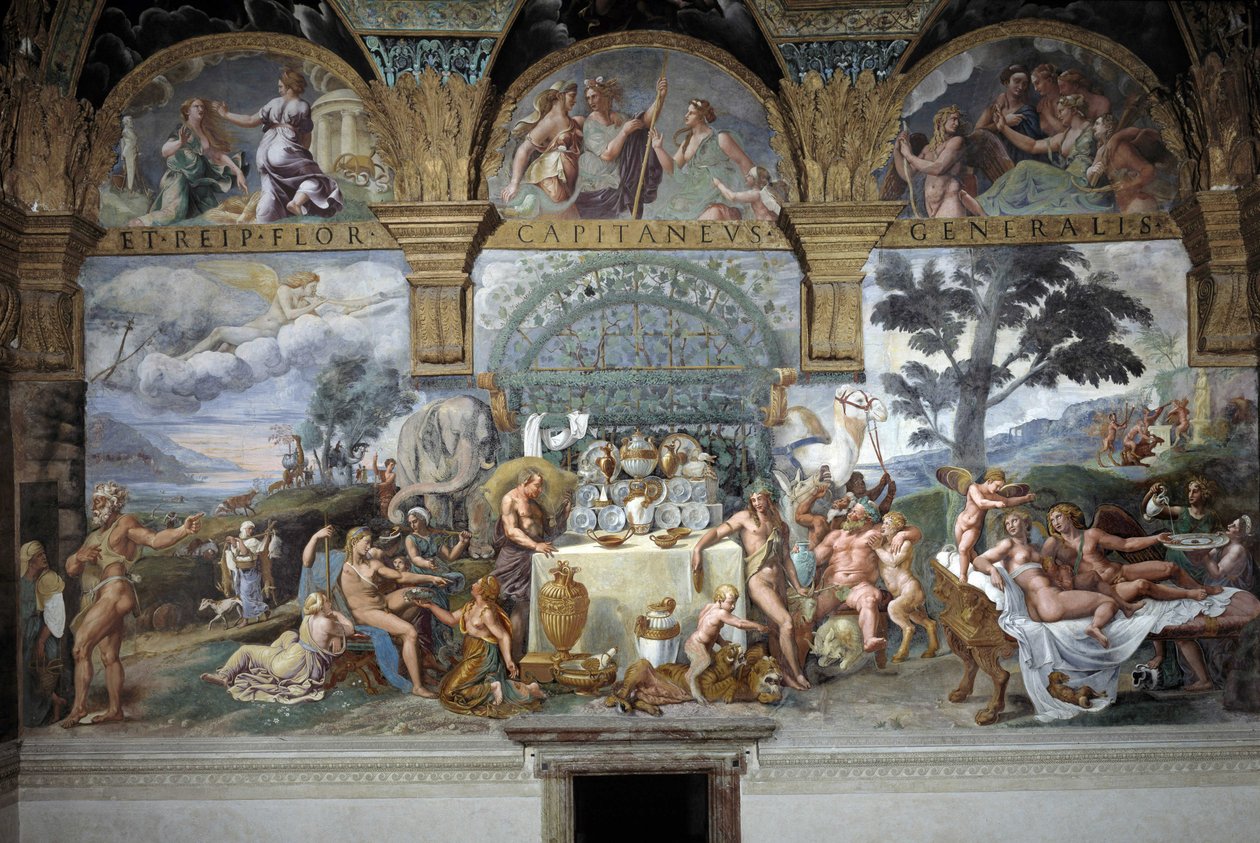Das edle Bankett zur Feier der Hochzeit von Amor und Psyche, Südwand des Raumes von Amor und Psyche, ca. 1527-31 (Fresko) von Giulio (and workshop) Romano